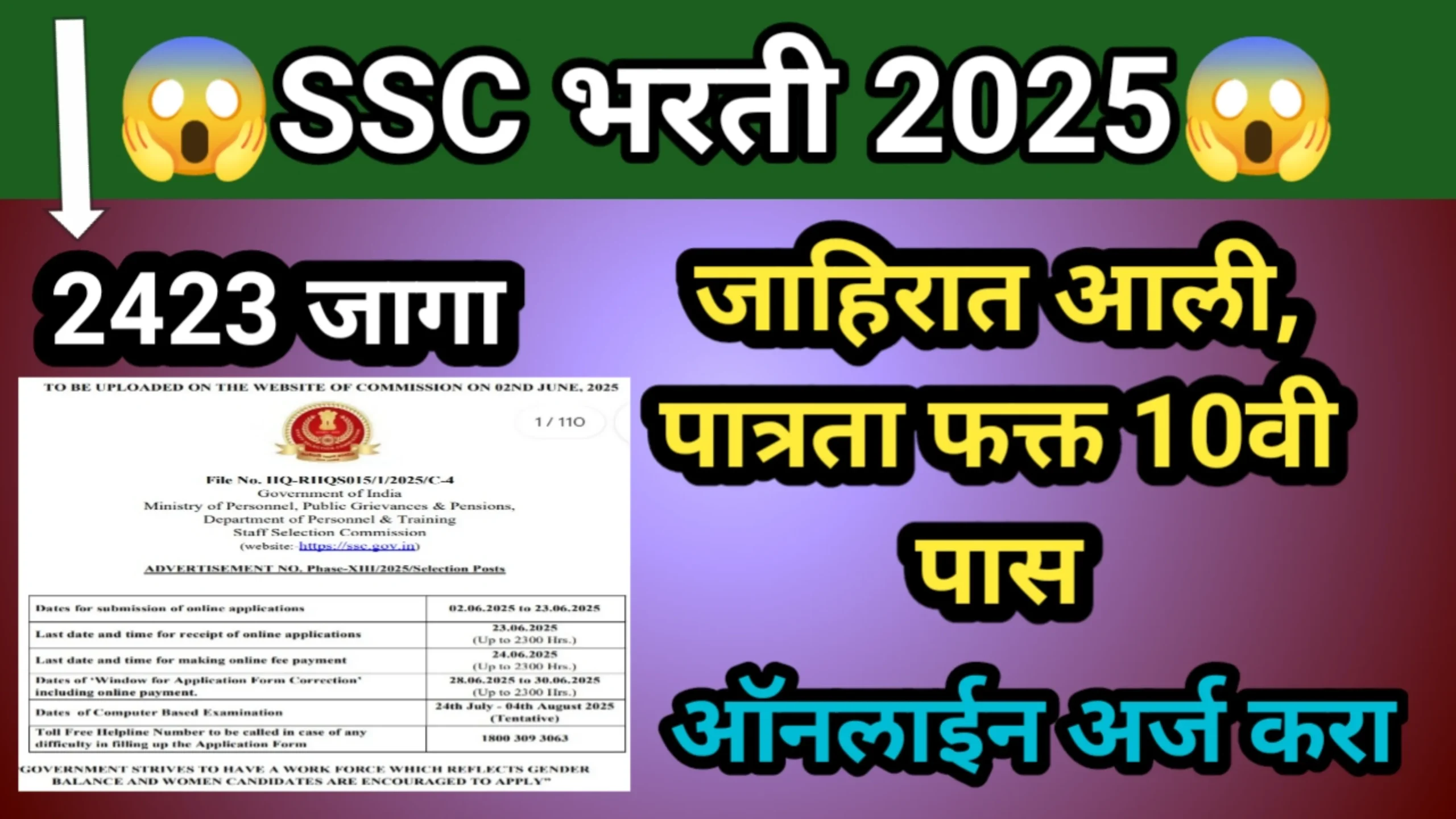 SSC भरती 2025, 2423 जागा, जाहिरात आली,पात्रता फक्त 10वी पास | SSC Bharti 2025